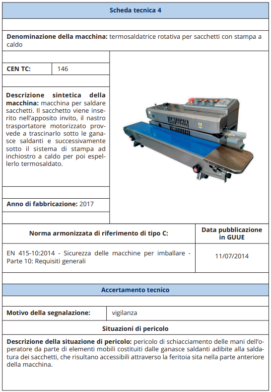 Scheda tecnica sicurezza termosaldatrice